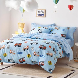 Freyamy Children's Bed Linen 135 x 200 cm Blue Colourful Cartoon Car Boys Children's Bed Linen Microfibre Cars Car Baby Bedding Duvet Cover with Zip and Pillowcase 80 x 80 cm