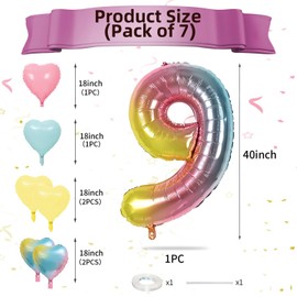 Biapian 40 Inch Rainbow Number 9 Balloons, Large Gradient Number 9 Birthday Balloons with Pink Blue Yellow Foil Heart Shape Balloons for Girls 9th Birthday Decorations Baby Shower Party Supplies