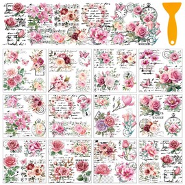 AHANDMAKER 12 Sheets Rub On Transfer Stickers with Scraper, Vintage Floral Stickers with Pink Flowers, Butterflies for Bookstore, Study Room, Nursery School, Window Decoration, 5.5x5.5