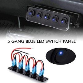 GIDREN 5 Gang Rocker Switch Panel 12-24 V Blue LED Rocker Switch Panel Waterproof ON-Off Switch Panel for Car Boat Yacht Marine Truck SUV RV Ship (Blue)