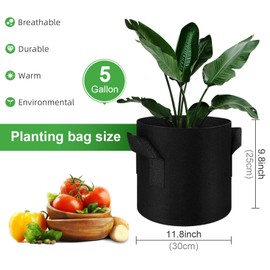 FineGearPow 5-Pack 5 Gallon Grow Bags Heavy Duty Thickened Nonwoven Fabric Pots with Handles, Plant Grow Bags for Vegetables/Flower/Plant/Fruits, Black