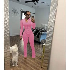 Nimsruc Two Piece Outfits For Women Workout Set Long Sleeve Tracksuit Zip Up Sweatsuits Bodcyon Matching Sweat Pants Sets Pink XL