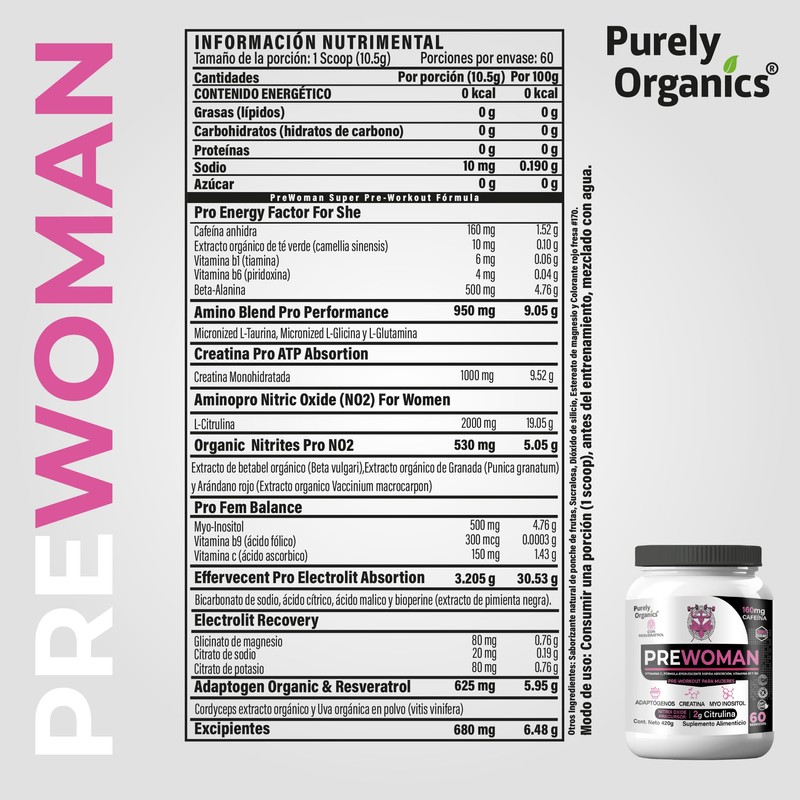 Prewoman Óxido Nítrico Para Mujeres, Purely Organics 60 Servicios