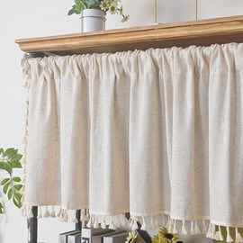 AMZALI Cortinas de lino de algodón con borlas, cortinas cortas para ventana, para cafetería, baño, cocina, granja, dormitorio, cortinas con bolsillo para barra, 1 panel