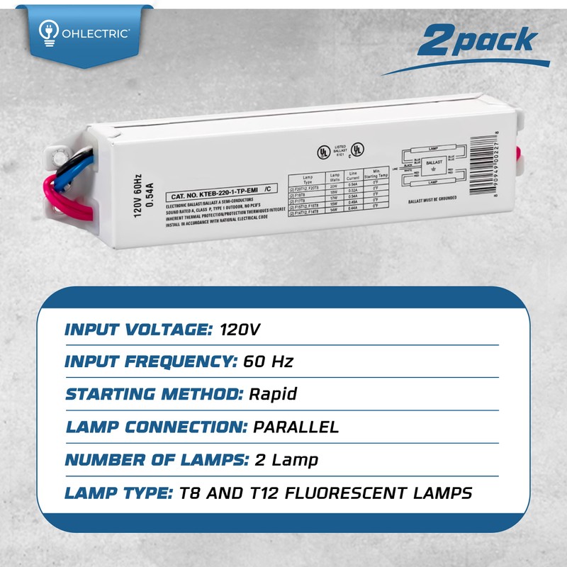OHLECTRIC Replacement for Keystone KTEB-220-1-TP-EMI 2 Lamp T12 Electronic Fluorescent