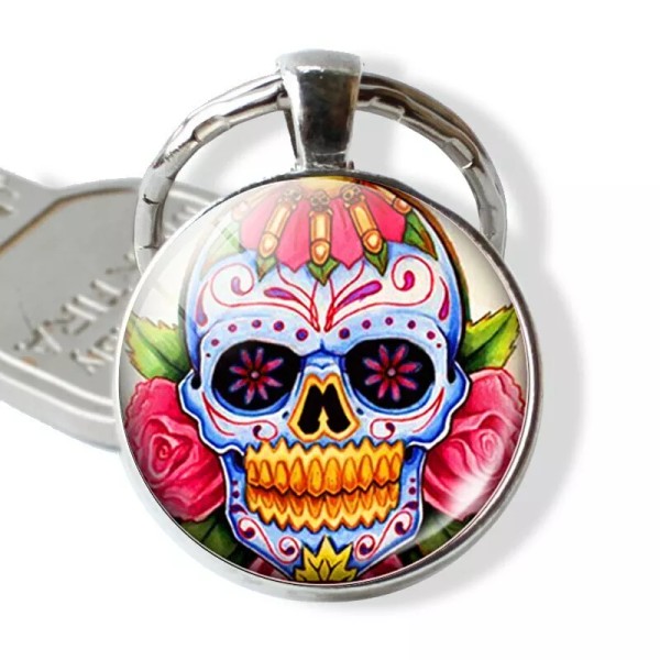 UNIQUE SUGAR SKULL DAY OF THE DEAD KEY CHAIN CABOCHON