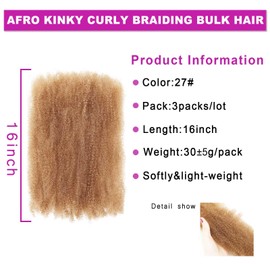 Afro Kinky Curly Braiding Hair for Dreadlock Extensions Repair Locs 3 Packs Synthetic Afro Kinkys Bulk Hair Bundles Micro Spring Afro Twist Hair Bulk for Mini Twist Hair (27#, 16 Inch)