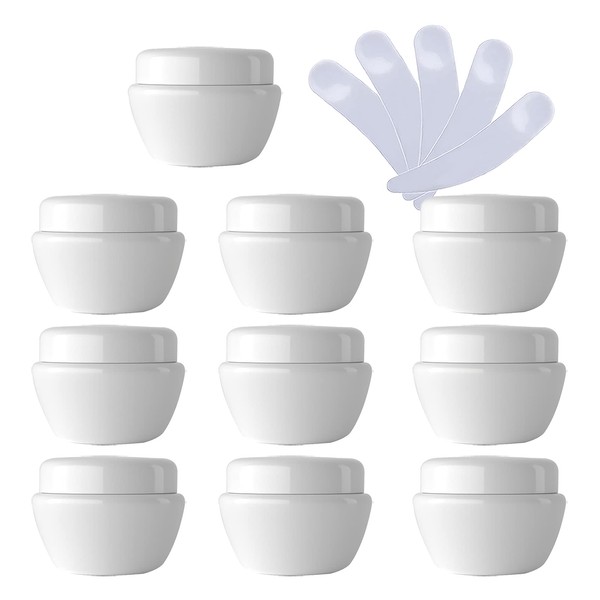 TIANZD Pack of 12 Empty 10 ml Small White Plastic Cream Jar with Lid 10 g Empty Container Plastic Screw Box Cosmetic Container Jar, 6 Pieces Spatulas