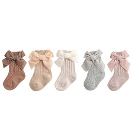 JUNOAI Baby Toddler Girls Velvet Bow-Knot Ribbed Cotton Socks – Cable Knit Socks for Newborns & Infants 0-4 Years (Pack of 5) (US, Age, 1 Year, 3 Years, off-white, brown, gray, lotus pink, and khaki)
