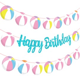 Beach Ball Happy Birthday Banners Glitter Blue Hawaiian Beach Pool Party Decorations Pink Pool Birthday Banner Summer Theme Party Decor for Girls Hawaii Holiday Baby Shower Supplies
