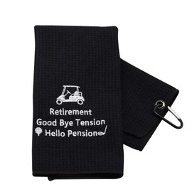 PXTIDY Retirement Golf Towel Good Bye Tension Hello Pension Embroidered Golf Towel with Clip Golfer Gift Golf Retirement Gifts for Men or Women(Black)