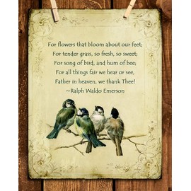 Ralph Waldo Emerson Poem-"We Thank Thee"- 8 x 10" Poetic Wall Art. Distressed Floral-Birds Parchment Print-Ready To Frame. Retro Home-Office-Study-School Decor. Great Art Gift for Poetry Fans.
