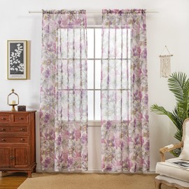 ZJYPRSCU Floral Sheer Curtains 84 Inches Long Purple Flower Printed French Country Semi Sheer Curtain for Girls Bedroom Living Room Linen Look Blossom Patterned Rod Pocket Voile Drapes 2 Panels
