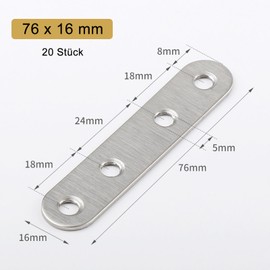 VOCIBO® Flat Connectors Stainless Steel 76 x 16 x 2 mm Perforated Plates Small Angle with Screw for Mounting Angle Bracket Furniture Table Chair Bookshelf Pack of 20