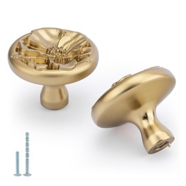 Rergy 4 Pack Cabinet Knobs for Drawer Dresser Closet, Flower Shape Lemen Gold Drawer Knobs, Brushed Brass Cabinet Hardware, Pulls Handles Single Hole