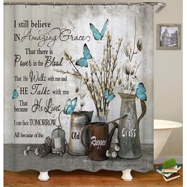 Yizheer Blue Butterfly White Cotton Rustic Flower Inspirational Quotes Shower Curtain Sets with Non-Slip Rugs,Toilet Lid Cover and Bath Mat,Waterproof Bathroom Decor Accessories Set