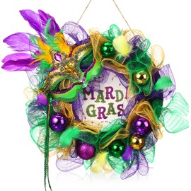 Hoteam Mardi Gras Wreath for Front Door Green Purple Gold Ball Door Wreath with Venetian Mask Mardi Gras Door Decoration for Indoor Outdoor Front Door Porch Carnival Mardi Gras Party Decoration