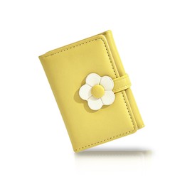AfitLulu Small Wallets Woman, PU Leather Flower Shaped Buckle Cute Wallets for Women with 7 Card Slots and Heart-Shaped ID Window, Cute Card Wallet for Travel, Dating and Shopping (Yellow)