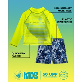 Body Glove Toddler Boys Swim Set - 2 Piece UPF 50+ Quick Dry Swim Trunks and Rash Guard for Boys Kids Swimwear (Sizes: 2T-4T), Size 3T, Yellow Swirl Surf