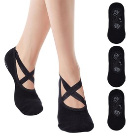 Risipu Grip Pilates Socks for Women,Non-slip Yoga Athletic Socks for Barre Ballet Barefoot Workout Hospital (UK, Alpha, One Size, Regular, Regular, 3 Pairs - Black)