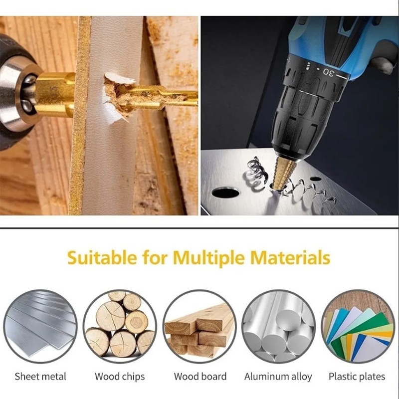 6Pcs Titanium Plated Step Drill Bit Center Punch Straight Flute