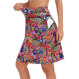 KORALHY Skorts Skirts for Women with Pockets, Women's 20" Knee Length Long Tennis Skirts Dressy High Waist A-Line Moisture Wicking Color Flower Medium
