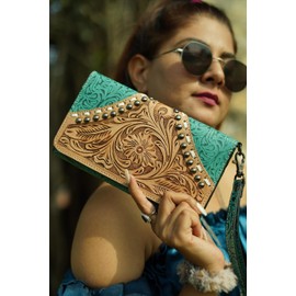 Dev Export Tooled Leather Hand Tooled Carving Wallet Western Style Three Fold Women Clutch