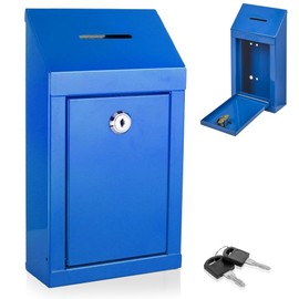Metal Donation Box-Suggestion Box with Slot and lock-Cash Lock box for Money-Secure Drop Box-Comment and ballot voting box-comes with pre-drilled holes for easy wall mounting 10 X 6 X 2.5"(Blue)