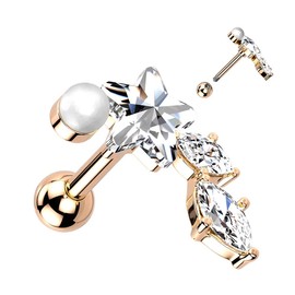Pierced Owl 16GA 316L Stainless Steel CZ Crystal Star with Vine and Pearl Barbell Stud (Rose Gold Tone)