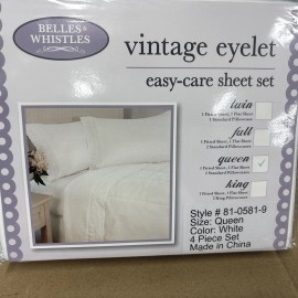 BELLES& WHISTLES Vintage Eyelet Queen size sheet set pure white BRAND NEW FACTORY SEALED