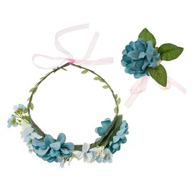 axy Flower Wreath Tiara Hair Wreath Women Girls (Flower Wreath and Flower Bracelet as Set), Adjustable for Wedding Carnival Festival Flowers Headband Hair Band Hair Accessories (Blue)