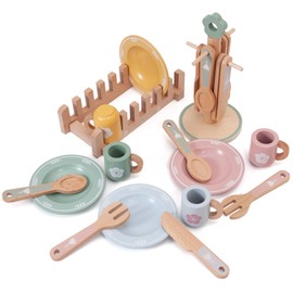 Donmills 22pcs Pretend Play Kitchen Accessories Wooden Tea Set for Toddlers, Role Play Cups and Plates for Kids Toy Kitchen, Montessori Toys Food Tableware Playset Gift for Girls and Boys