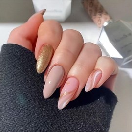 Rchovsam Medium Gold Glitter Press on Nails Almond Glue on Nails Gold Glitter False Nails with Design Nude Stick on Nails Acrylic UñAs AcríLicas for Wemons 24pcs