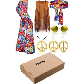 Haull 7 Pcs 60s 70s Outfits for Women Hippie Costume Set Boho Flared Pants Fringe Vest Peace Sign Accessories Set (Stylish,X-Large)