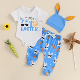 DSOKUHIB Newborn Baby Boy Girl Easter Outfit My First Easter Short Sleeve Romper Bunny Carrot Pants Hat 3Pcs Clothes Set (Blue, 6-12 Months)