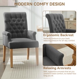 Fabric Dining Chair with Arms, Upholstered Tufted High Back Dining Room Chairs, Accent Armchair with Solid Wood Leg and Nailhead Trim, Kitchen Dining Living Room, Dark Grey