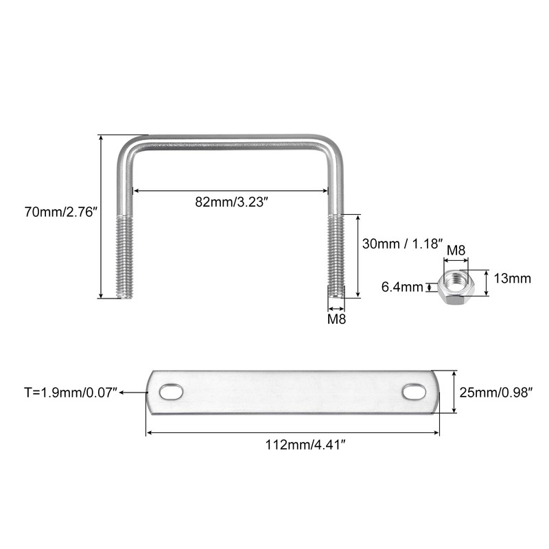 sourcing map Square U-Bolts, 3 Sets 82mm(3.23") Inner Width 70mm