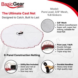 BasicGear Standard Cast Net for Bait Trap Fish | Pure Lead | 12ft Radius with 3/8 inch Mesh 1LB Sinkers for Freshwater and Saltwater | Professional Grade and Upgraded Material | Throw Style