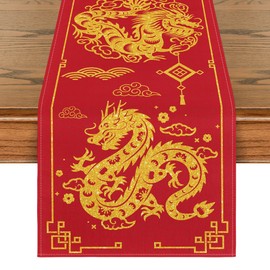 Artoid Mode Chinese Zodiac Dragon 2025 Happy New Year Table Runner, Spring Festival Winter Kitchen Dining Table Decoration for Home Party 13x60 Inch