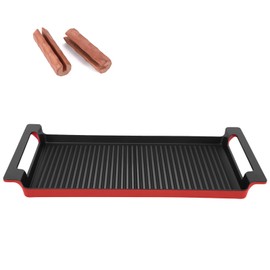 Rectangular Cast Iron Grill Pan Griddle Tray Enamel Grill Plate 17.5X9” with Woody Handles,for Induction Cooktop Electric Cooktop Gas Stovetop Oven Open Fire BBQ Various Occasions-Red