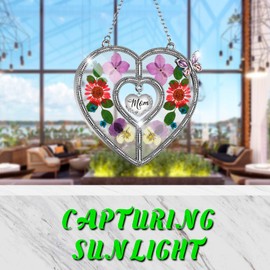 West style Heart Suncatcher Wind Chime with Butterfly Wing Pressed Real Flower Gifts for Mom, Stained Glass with Hook and Heart Hang Tag, Birthday for Mother Grandmother (Mom)