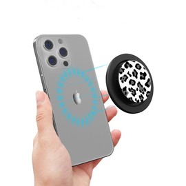 enttgo Adjustable Magnetic Phone Grip Compatible with MagSafe, Adapter Ring for Magnetic Included, Phone Holder, Wireless Charging Compatible - Black and White Leopard Print