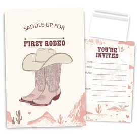 VAVINCI First Rodeo Western Birthday Party Invitations, Cowboy Cowgirl First Birthday Supplies for Girls