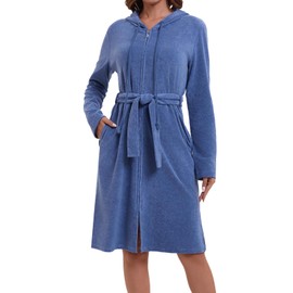 Mnamo Women's Bathrobe Hooded Zip Terry Cloth with Belt Soft Microfibre Long Sleeve Bathrobe Ideal for Home and Wellness, denim blue