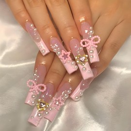 Star Pink Press on Nails Long Coffin French Fake Nails Pearl Rhinestones Glue on Nails Design Glossy Full Cover False Nails Acrylic Nails for Women 24Pcs