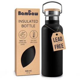 Bambaw Insulated Water Bottle 16 oz, Black Water Bottle, Stainless Steel Water Bottle, Dishwasher Safe Water Bottle, Travel Water Bottle No Straw, Metal Water Bottle – Jet Black