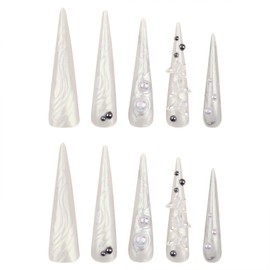 SINHOT Stiletto Press on Nails Long Fake Nails Glossy Glue on Nails White Pearls Acrylic Nails Almond Artificial Nails Pearlescent Butterfly Stick on False Nails with Design 24 pcs
