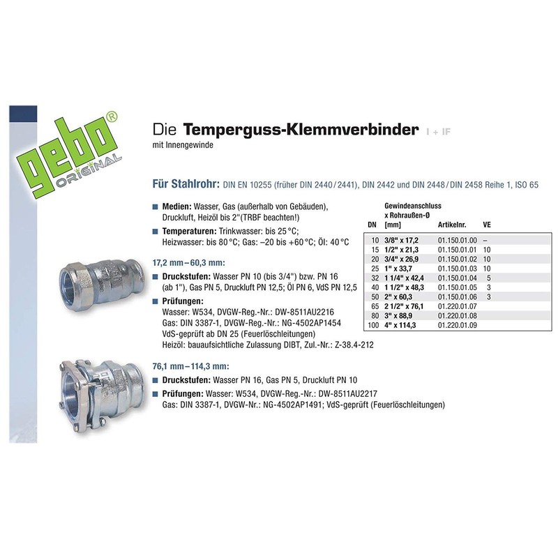 Gebo Armaturen Malleable Cast Iron Clamp Connector I, Internal Thread
