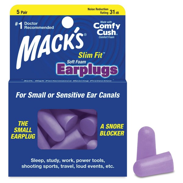 Mack's Slim Fit Soft Foam Earplugs, 5 Pair - Small Ear Plugs for Sleeping, Snoring, Traveling, Concerts, Shooting Sports & Power Tools