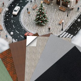Warmtree 6 Pcs Village Accessories Village Roads and Streets Snow Mat Cobblestone Road Brick Mat for Landscape, Self Adhesive Coated Paper Diorama Supplies for Miniature Scenery Model(Color Mixing)